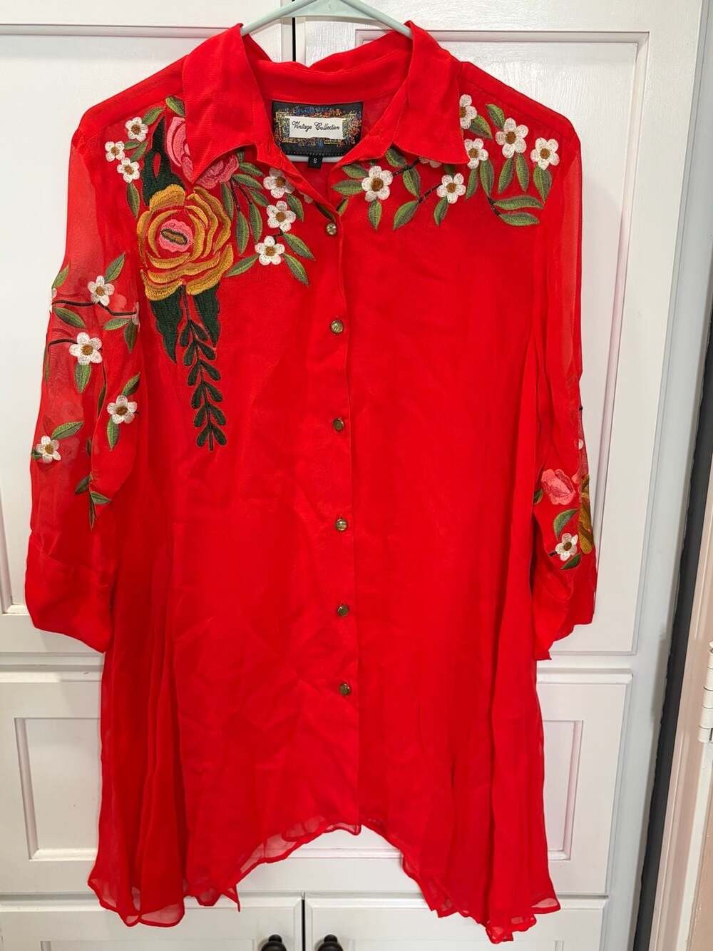 Vintage Collection Red Embroidered Floral Button-Down Organza Blouse Small